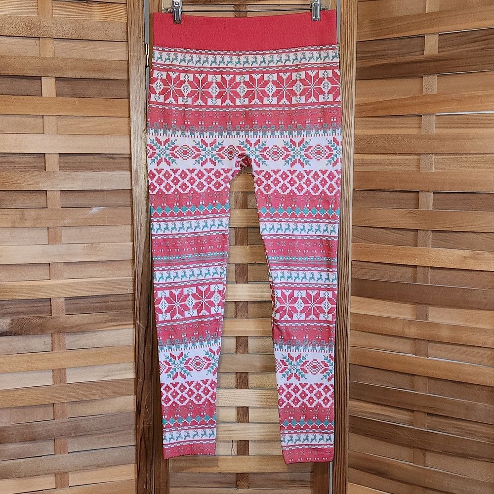 Britt's Knits Red Green White Christmas Leggings Size L/XL Polyester Spandex PJ